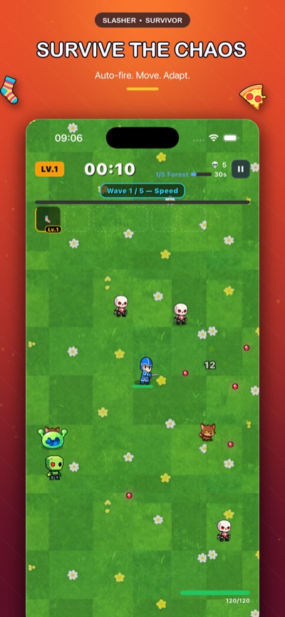 Slasher gameplay: hero fighting a monster horde with absurd weapons